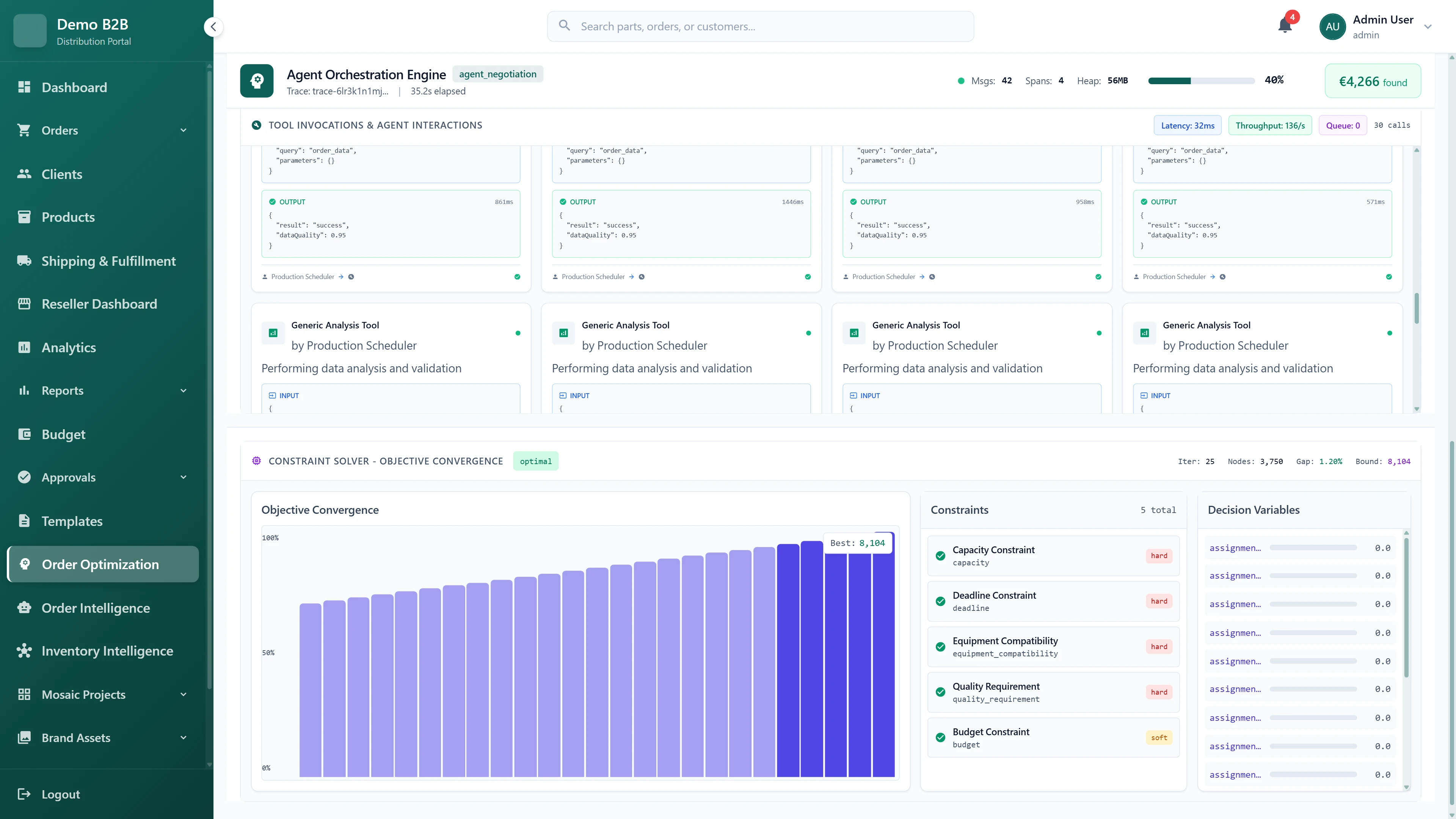 Constraint Solver visualization with objective convergence graph achieving optimal solution at 8,104, tool invocations and agent interactions panel, constraint satisfaction status for capacity, deadline, equipment compatibility, quality requirements, and budget constraints